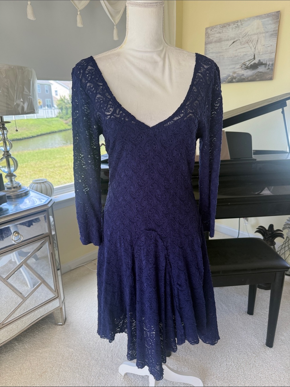 Free People Vintage blue lace deep scoop neck dress romantic medium